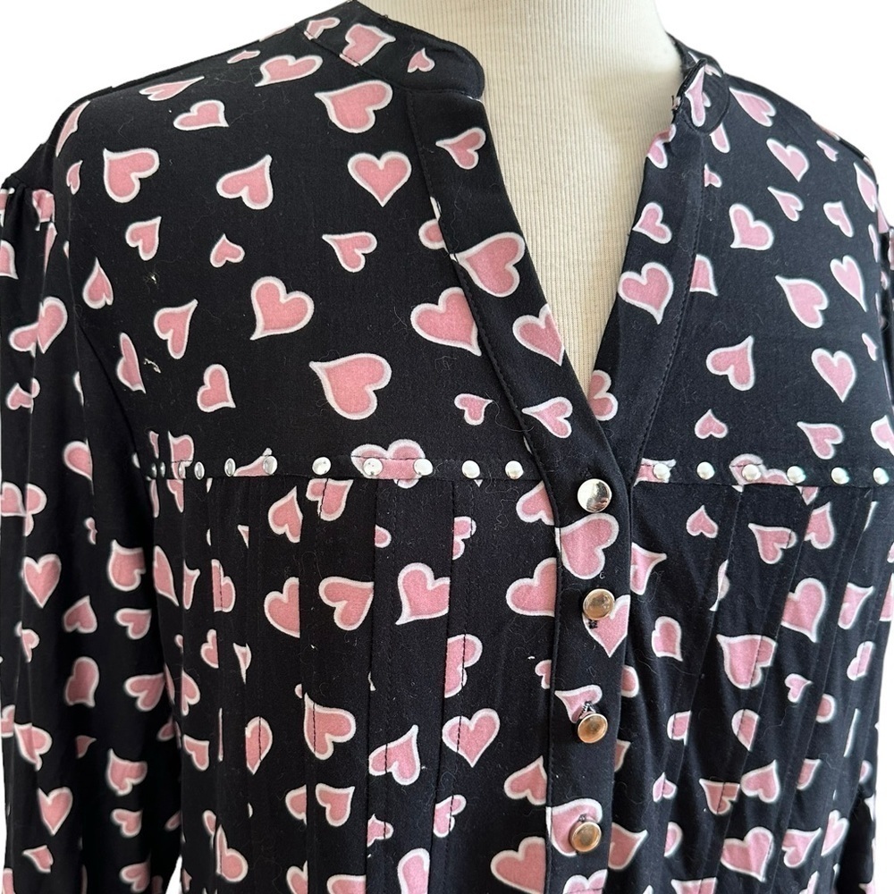 COCOMO 1X Black Pink hearts Plus Size 3/4 sleeve women’s Pintuck tunic blouse - Picture 5 of 13